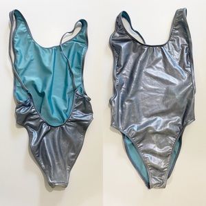 AMERICAN APPAREL Bodysuit Metallic Blue Silver Low Back Strappy High Cut Leg